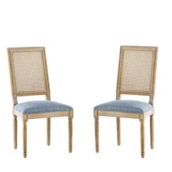 French Country Dining Chairs With Elegant Cane Backrest & Upholstered Seats Frame (Set of 2) - Slate Blue