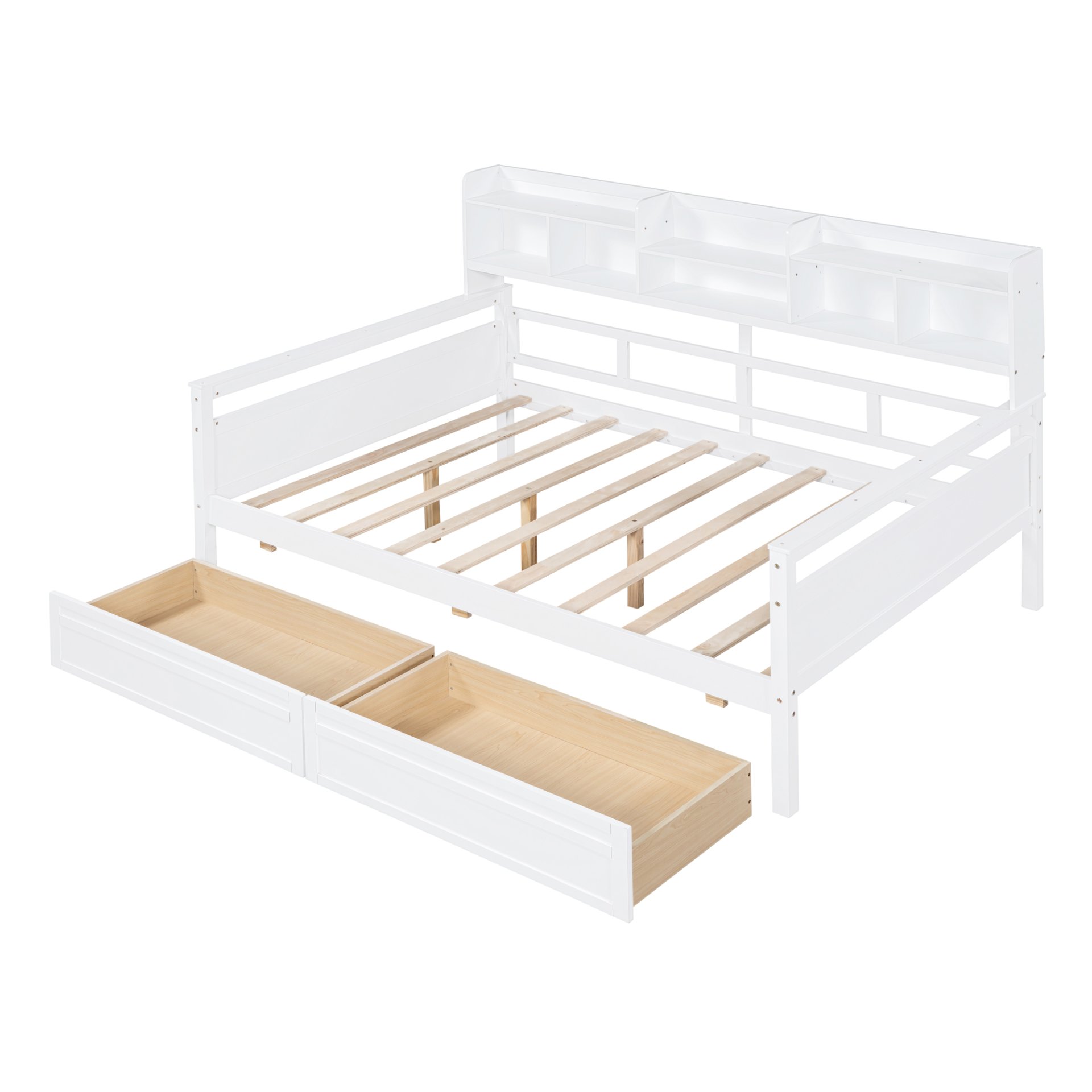 Full Size Daybed, Slat Support, With Bedside Shelf And Two Drawers - White - Image 5