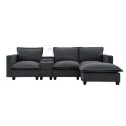 Modern Sectional Cloud Sofa With Console USB Charger Reading Light Cup Holder, Wide Seat 4 Seat Modular Couch Storable Indoor Funiture - Dark Gray