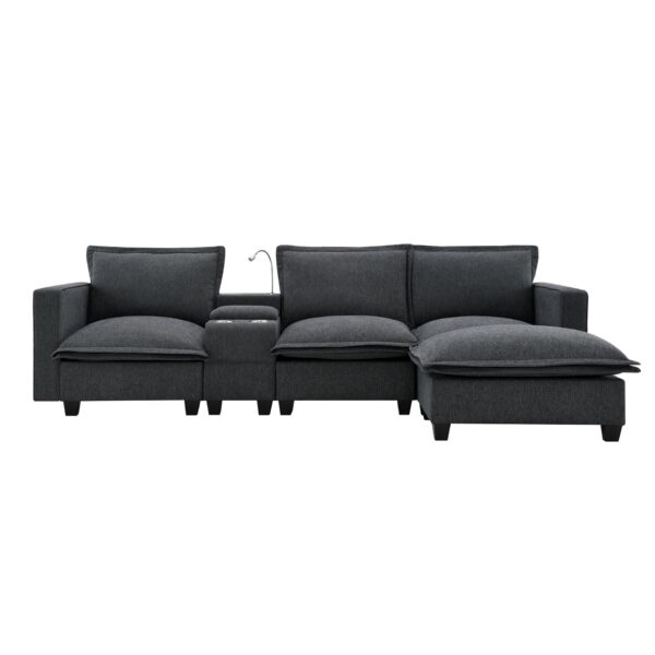 Modern Sectional Cloud Sofa With Console USB Charger Reading Light Cup Holder, Wide Seat 4 Seat Modular Couch Storable Indoor Funiture - Dark Gray