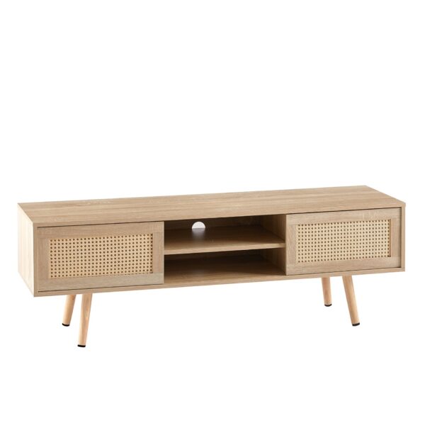 55.12" Rattan TV Cabinet, Double Sliding Doors For Storage, Adjustable Shelf, Solid Wood Legs, TV Console For Living Room - Natural