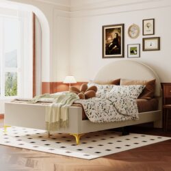 Full Size Upholstered Platform Bed With Classic Semi-Circle Shaped Headboard And Mental Legs - Beige