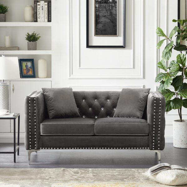 Wide Sofa With Jeweled Buttons, Square Arm, 2 Pillows - Gray