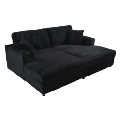 Oversized Loveseat Chaise Lounge Sectional Sofa Bed Corduroy Sleeper Sofa With 2 USB Ports, 2 Cup Holders And 2 Throw Pillows For Living Room And Bedroom - Black