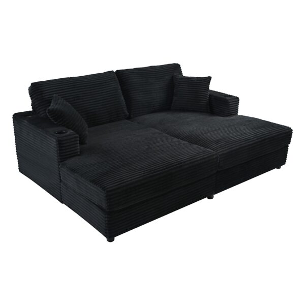 Oversized Loveseat Chaise Lounge Sectional Sofa Bed Corduroy Sleeper Sofa With 2 USB Ports, 2 Cup Holders And 2 Throw Pillows For Living Room And Bedroom - Black