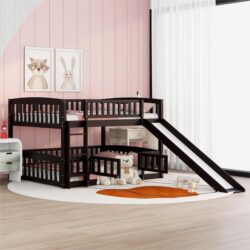 Full Over Full Low Bunk Bed With Slide, Fence And Ladder For Toddler - Espresso