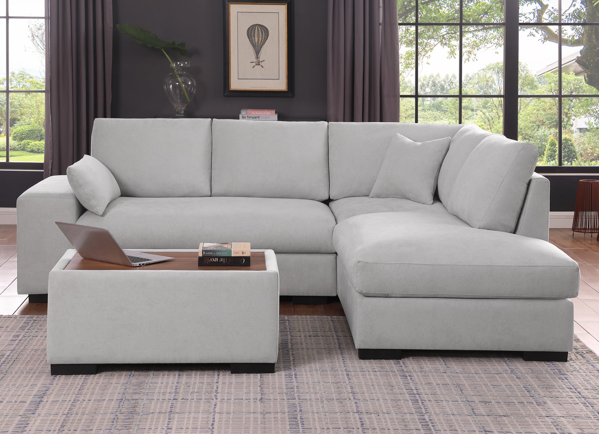 Joshua - Woven Fabric Sectional Sofa With Right Facing Chaise and Console Ottoman - Light Gray - Image 2