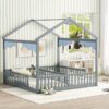 Double Twin House-Style Floor Bed With Fence, Guardrails, Without Door - Gray - Image 9