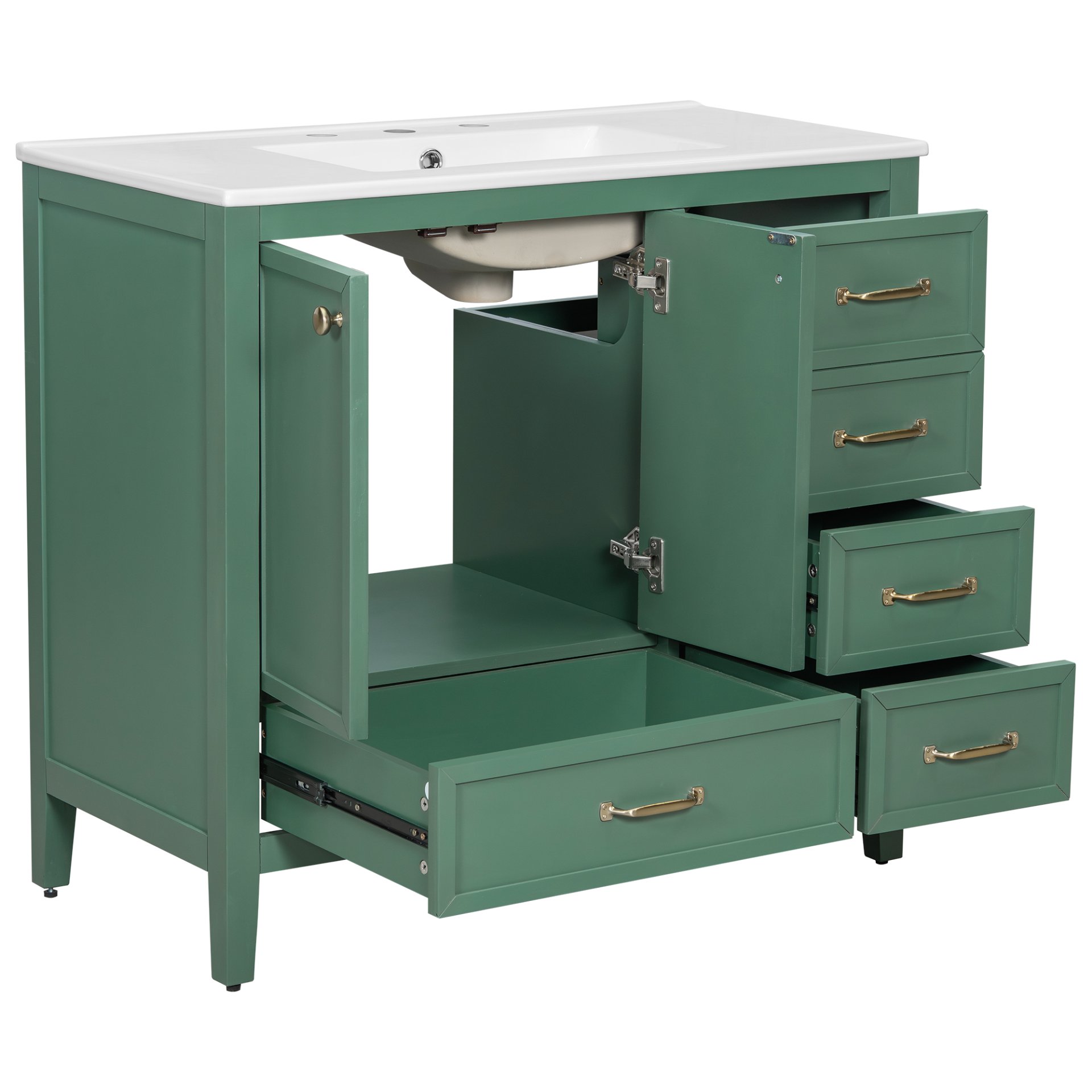 Elegant Vintage 36" Bathroom Vanity With Sink And Soft Closing Door, 4 Drawers Of Different Sizes Frame - Green - Image 19