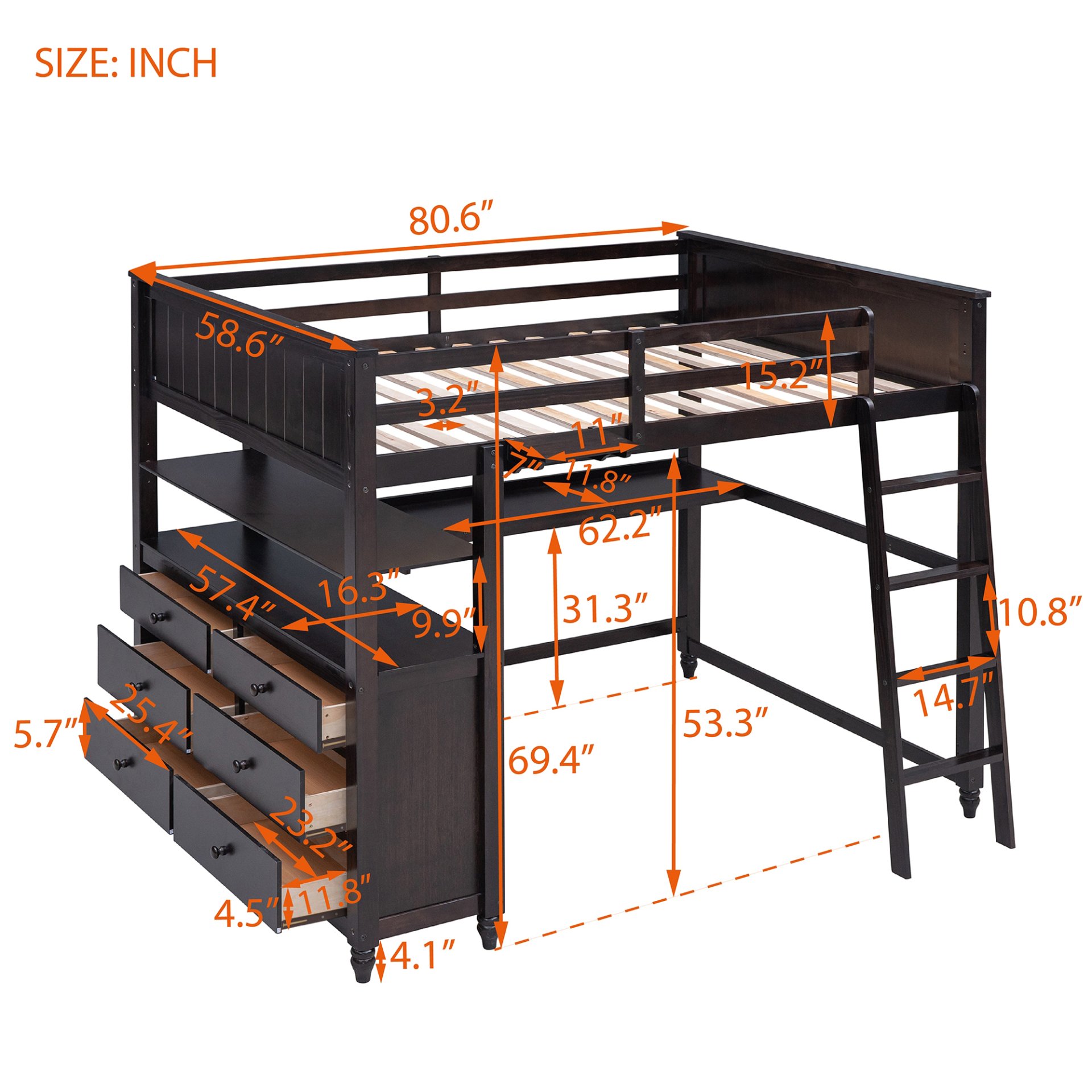 Full Size Loft Bed With Drawers And Desk With Shelves - Espresso - Image 8