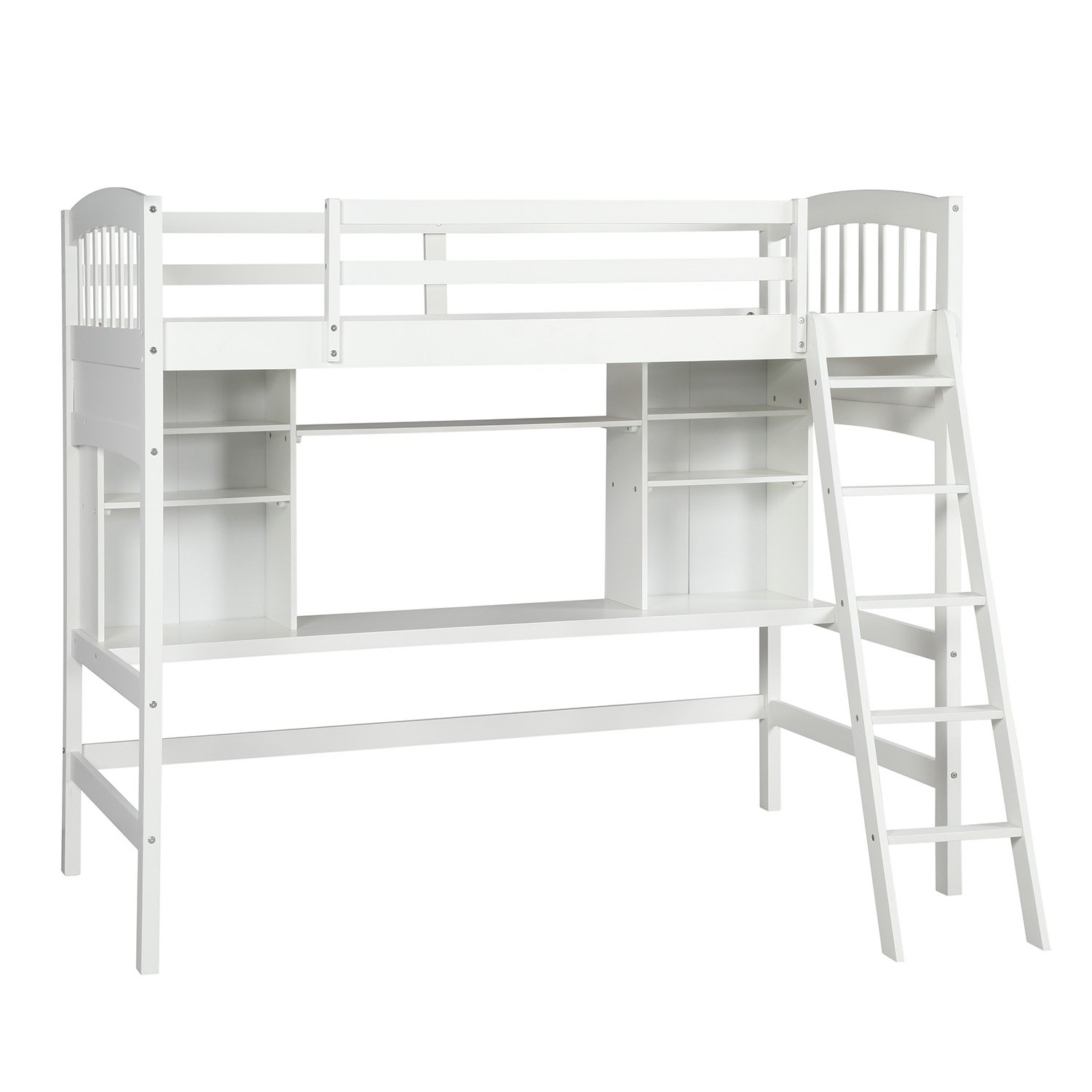 Twin Size Loft Bed With Storage Shelves, Desk And Ladder - White - Image 7