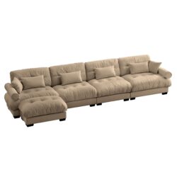 Modern Velvet L Shaped Sectional Cloud Sofa Convertible 4 Seater Couch With Waist Pillows - Camel
