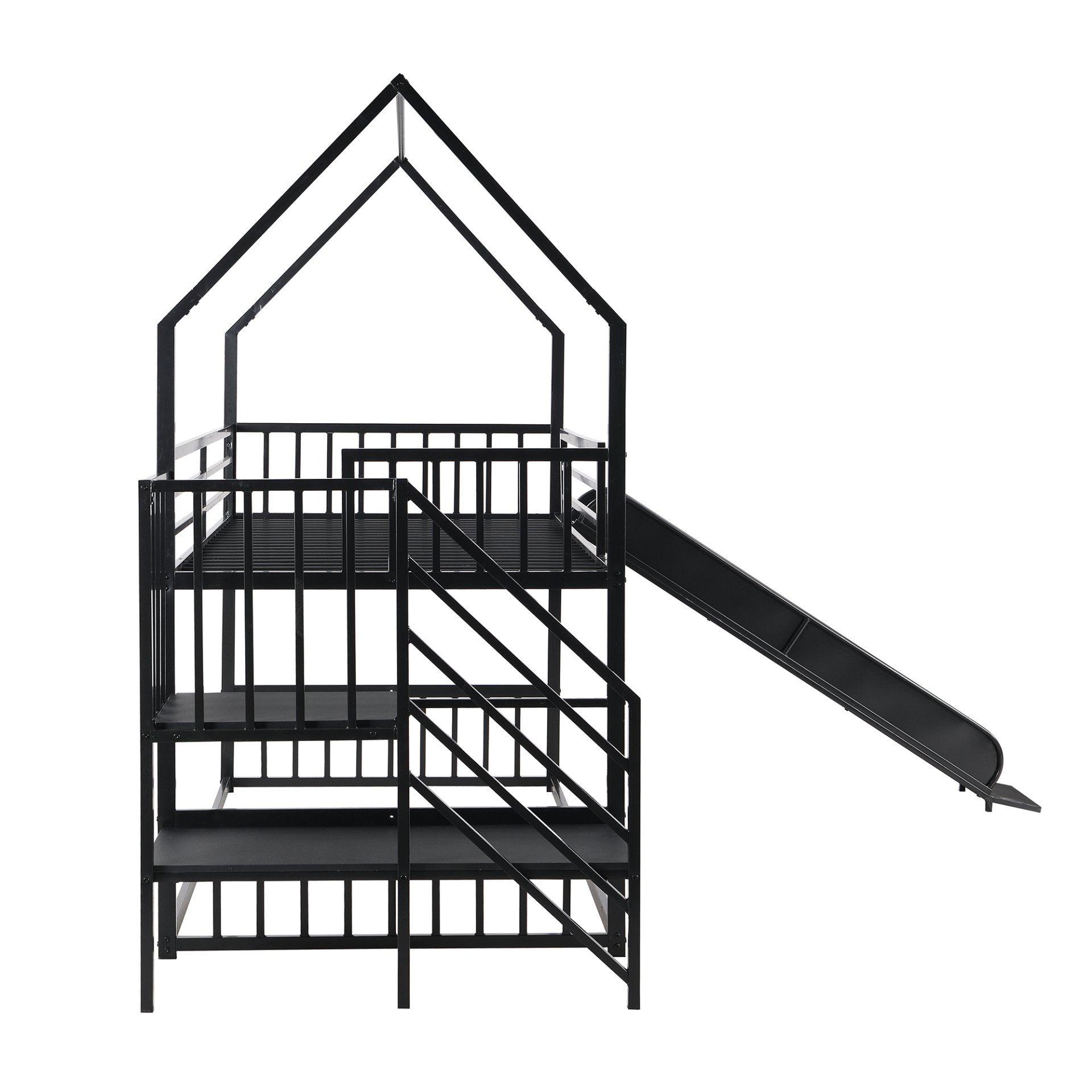 Twin Size Metal Bunk Bed House Bed With Slide And Staircase - Black - Image 10