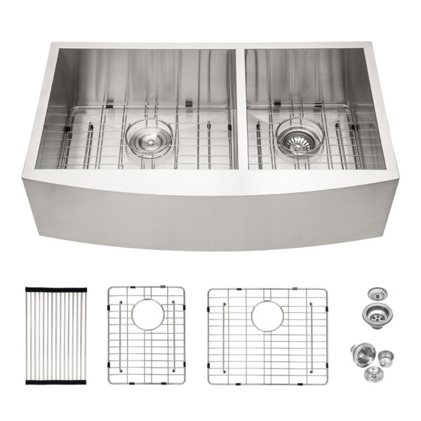 Double Bowl Farmhouse Sink Stainless Steel Undermount Apron Front With 2 9" Deep Basins - Gray