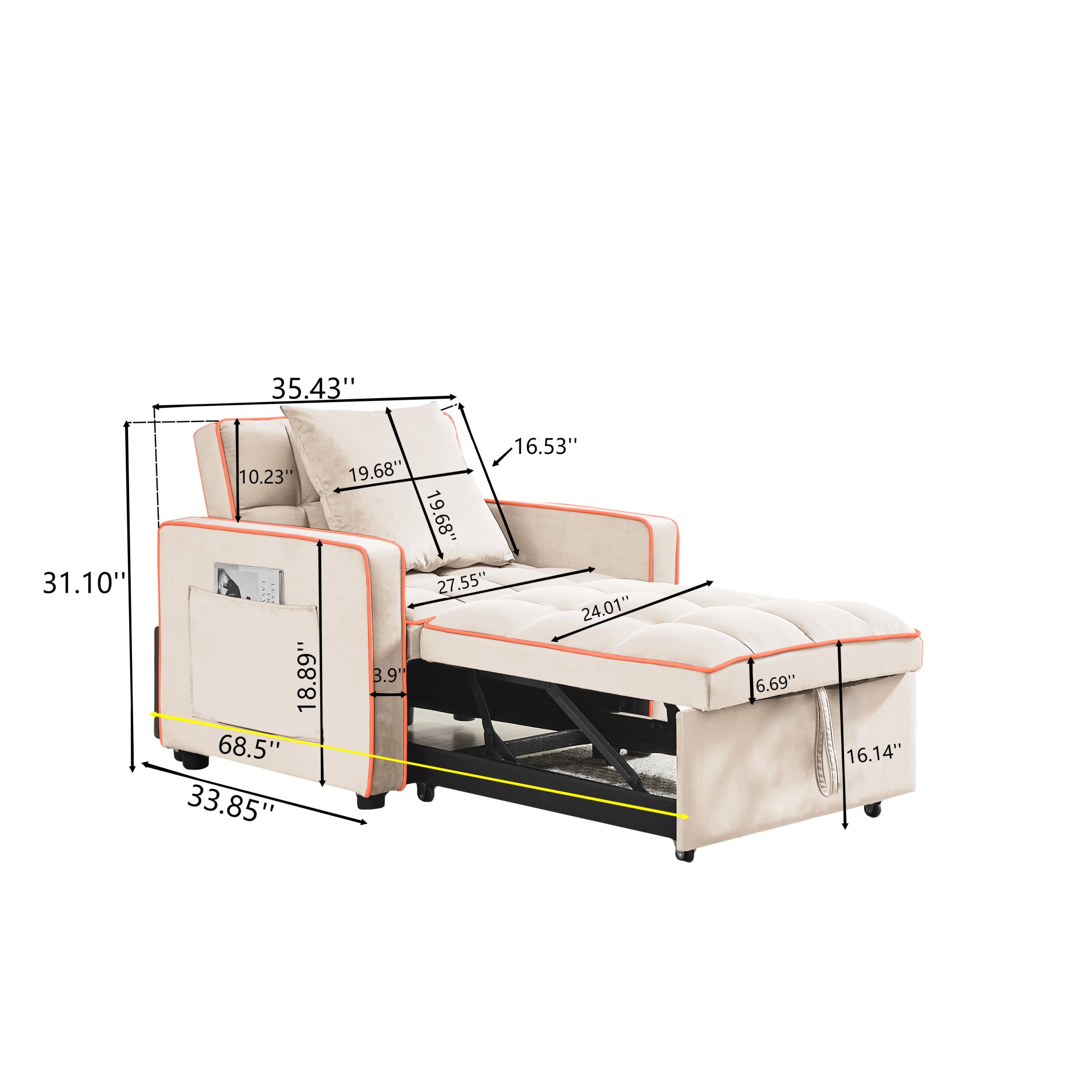 Modern 3 In 1 Folding Sofa Bed Chair With Adjustable Back Velvet - Creamy White - Image 3