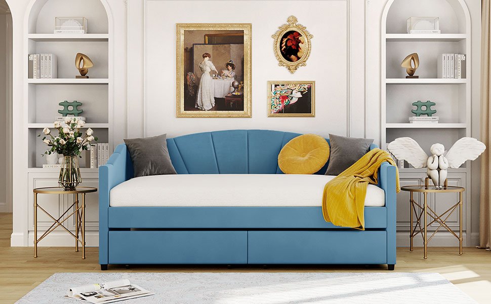 Twin Size Upholstered Daybed With Two Drawers And Slat - Blue - Image 3