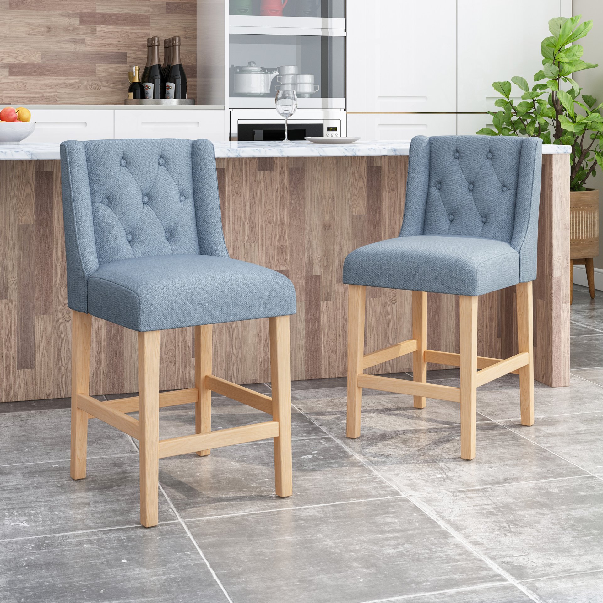 Vienna - Contemporary Fabric Tufted Wingback 27 Inch Counter Stools, (Set of 2) - Light Blue / Natural - Image 2