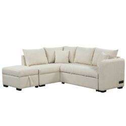 L-Shaped Sectional Pull Out Sofa Bed Sleeper Sofa With Two USB Ports, Two Power Sockets And A Movable Storage Ottoman - Beige