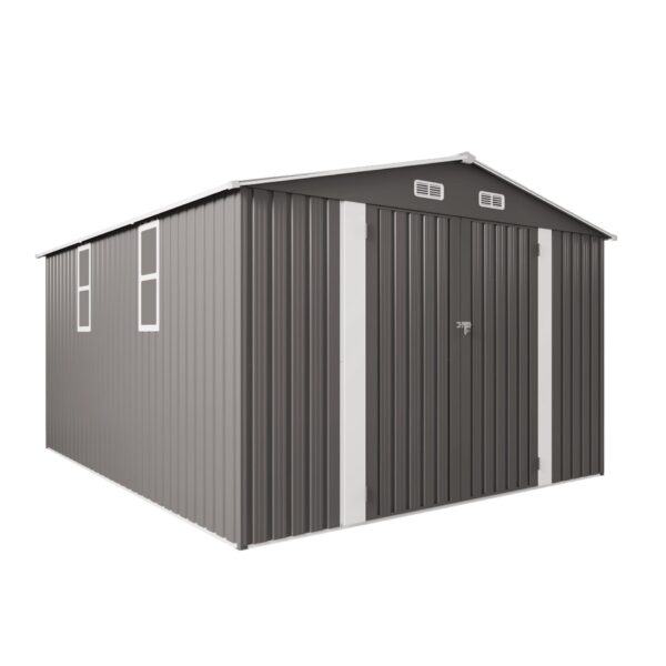 Large Metal Garden Shed With Double Door And Windows Waterproof Tool Shed - Gray