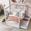 Full Size Canopy Platform Bed With Trundle Bed And 2 Drawers, Support Slats, No Box Spring Needed - Brushed White - Image 8