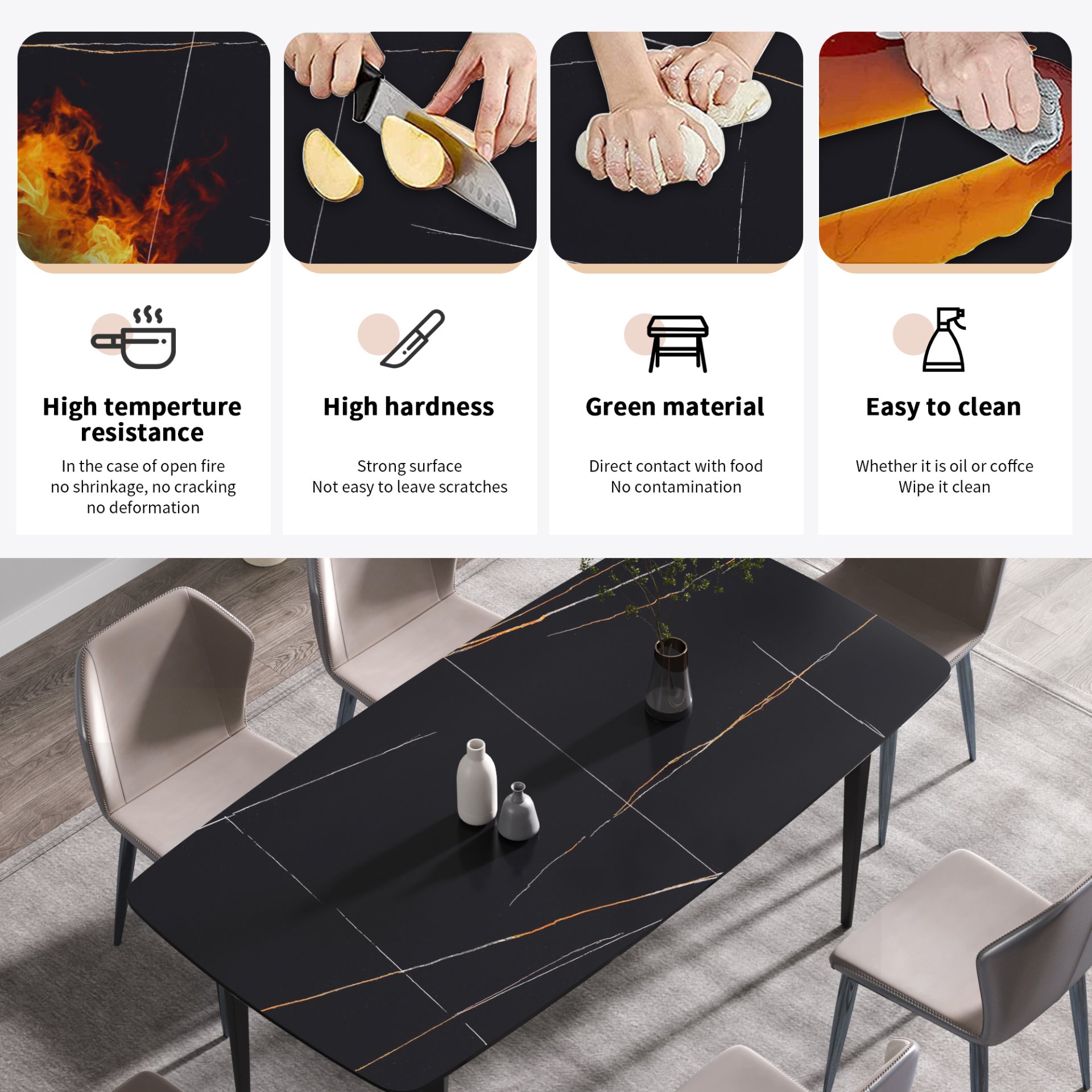 70.87" Modern Artificial Stone Curved Metal Leg Dining Table, Can Accommodate 6-8 People - Black - Image 12