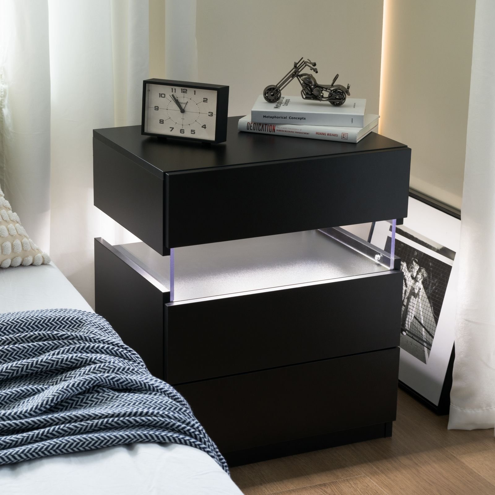 Led Nightstands 3 Drawer Dresser For Bedroom End Table With Acrylic Board LED Bedside Tables For Bedroom Living Room Bedside Furniture - Black - Image 5