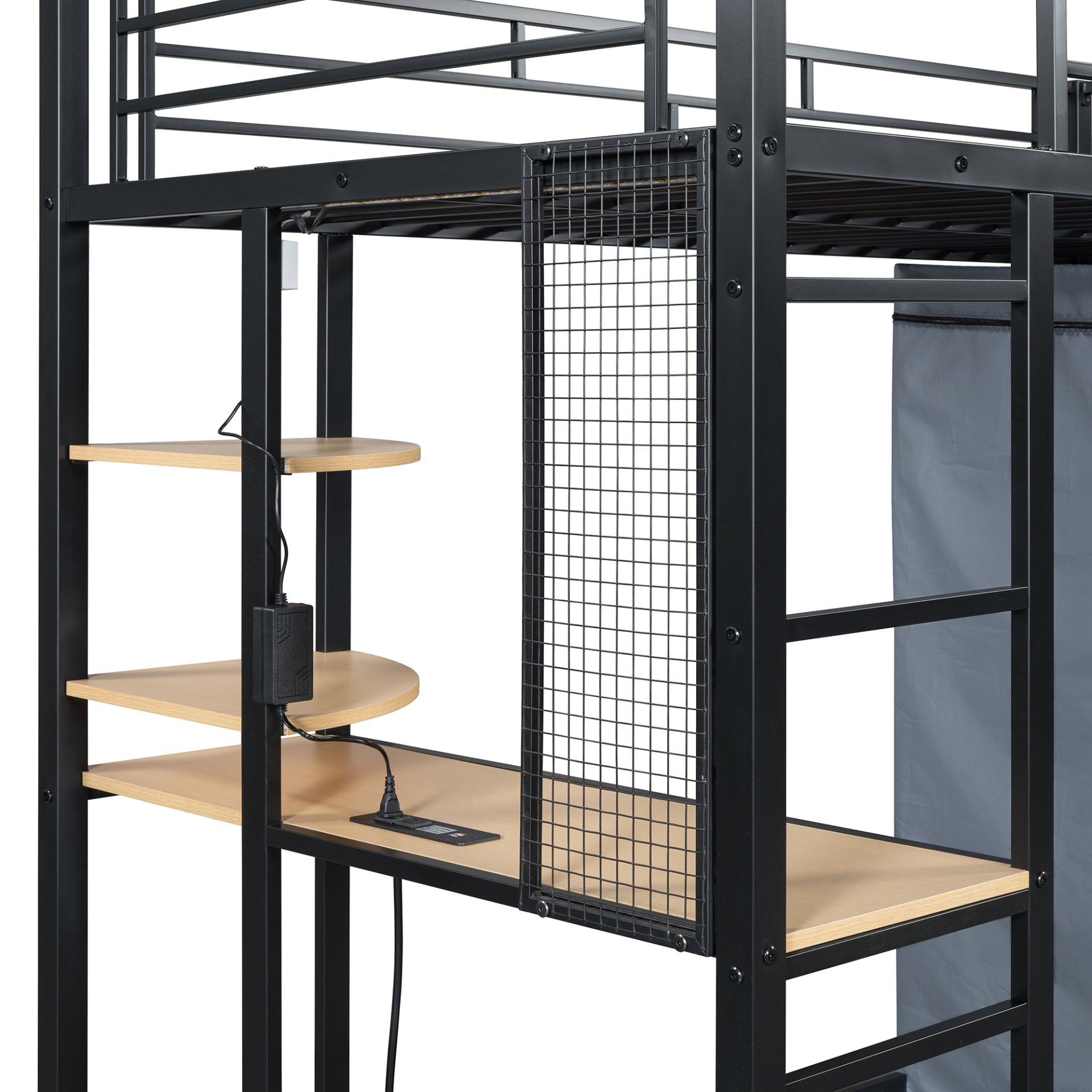 Twin Size Loft Bed With Desk, Shelves, Power Outlet, LED Light And Wardrobe - Black - Image 7