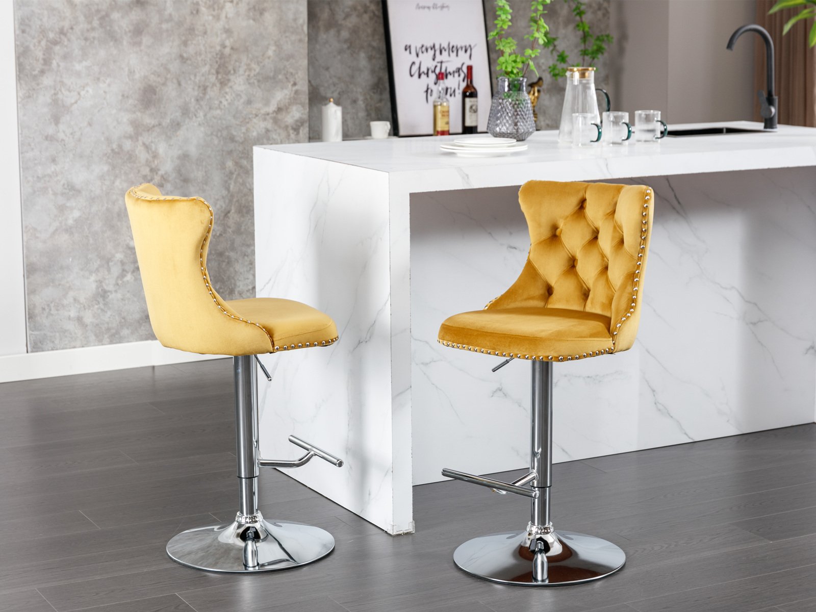 Swivel Velvet Barstools Adjusatble Seat Height From 25-33", Modern Upholstered Chrome Base Bar Stools With Backs Comfortable Tufted For Home Pub And Kitchen Island (Set of 2) - Gold - Image 16