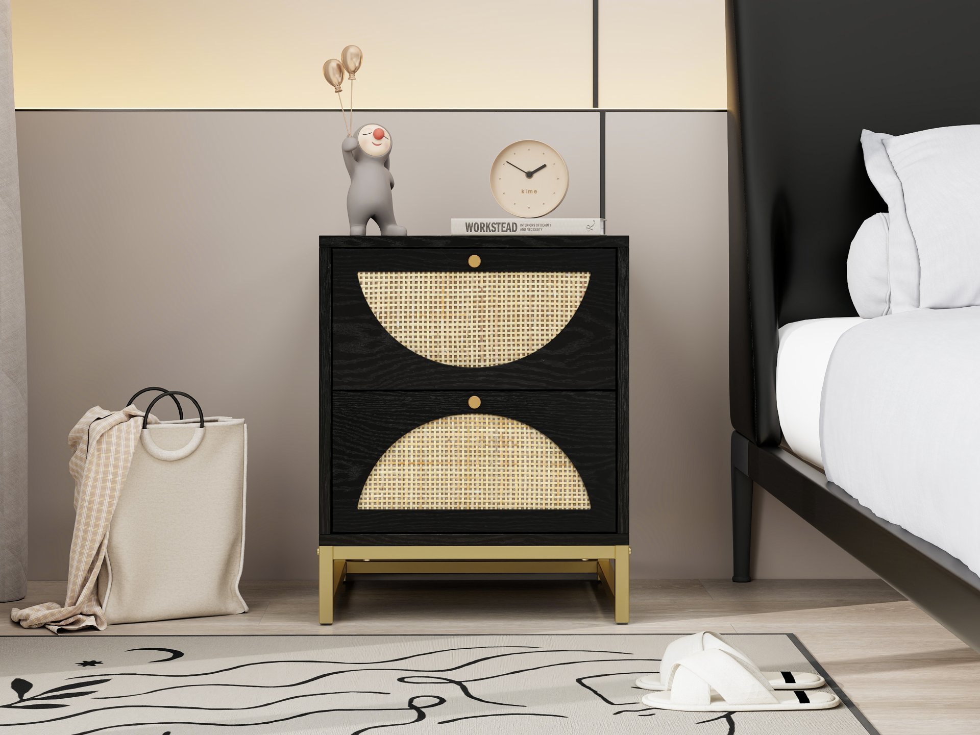 Allen - 2 Drawer Side Table, Display Rack For Bedroom And Living Room, Nightstand Side Table Bedroom Storage Drawer Bedside End Table - Black / Beige - Image 4