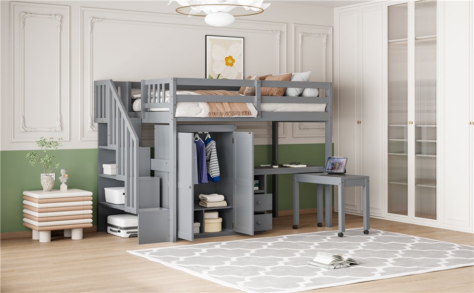 Twin Size Loft Bed With Stairs, Bookshelf, Drawers, Desk & Wardrobe, Space Saving Multifunctional Furniture - Gray - Image 24