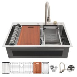 33" Waterfall Kitchen Sink With Pull Out Faucet & Cup Washer, Stainless Steel Ledge Workstation - Antique White