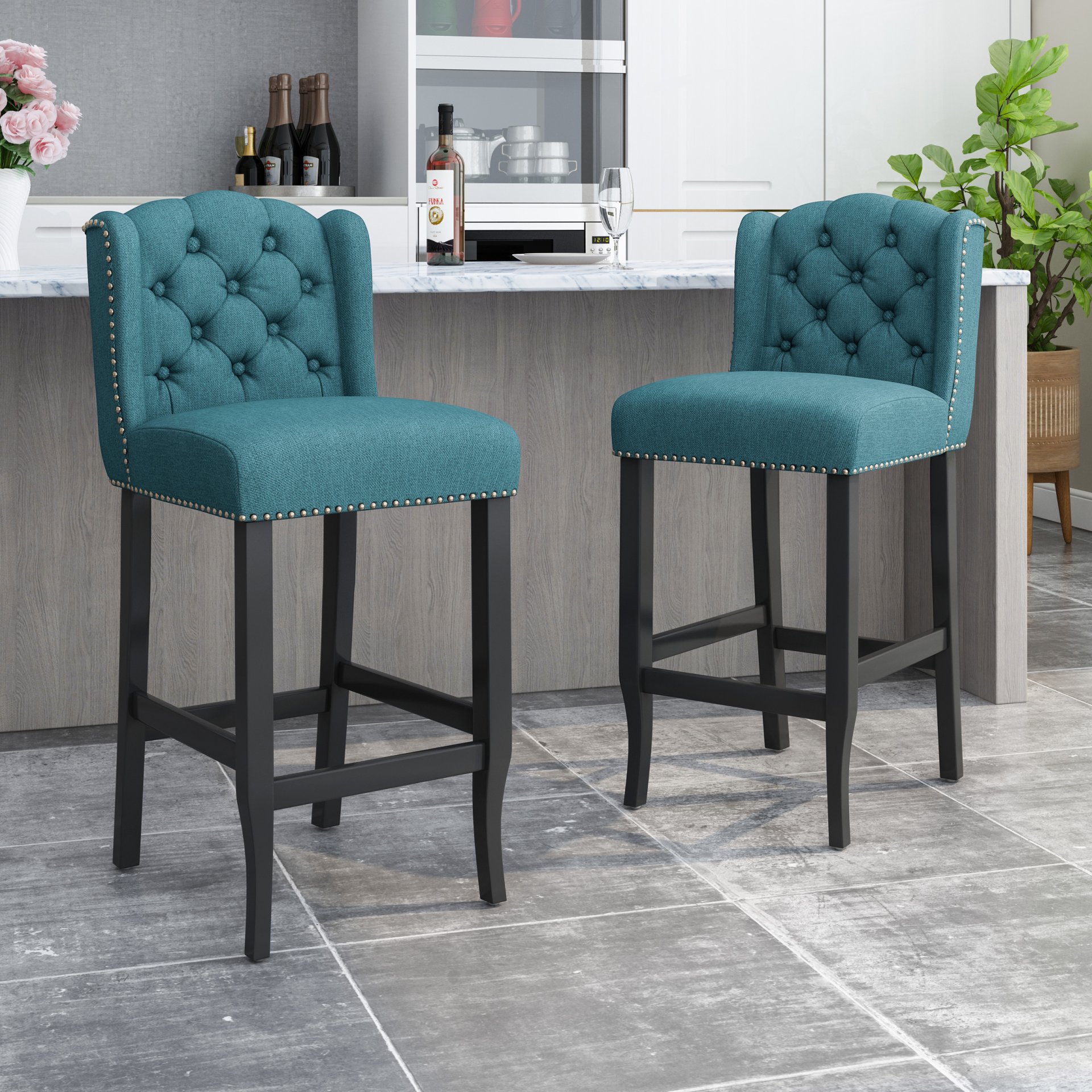 Vienna - Contemporary Fabric Tufted Wingback Counter Stools, (Set of 2) - Teal / Dark Brown - Image 2