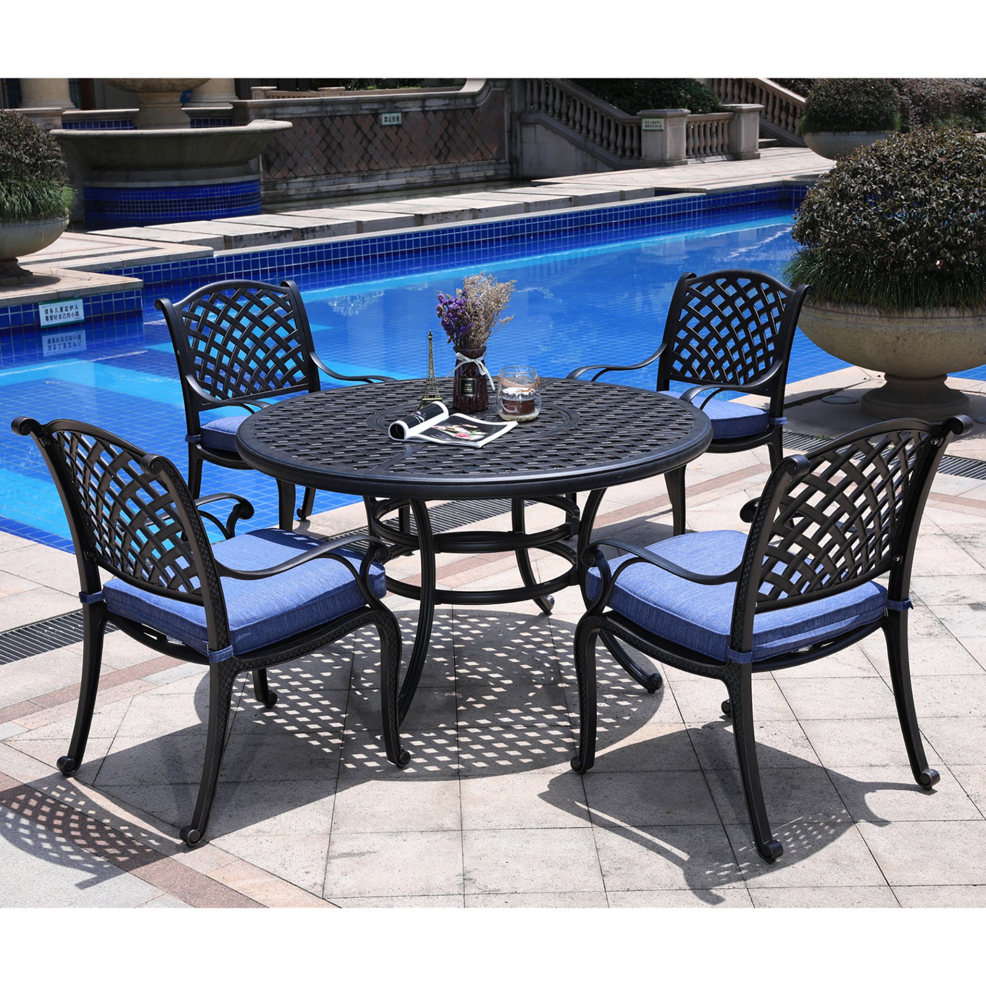 Round 4 Person 51.97" Long Dining Set With Cushions - Navy Blue - Image 3