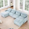 Elegant Four Seater Sofa With Movable Ottoman And Lumbar Pillow Chenille With Frame - Sky Blue - Image 17