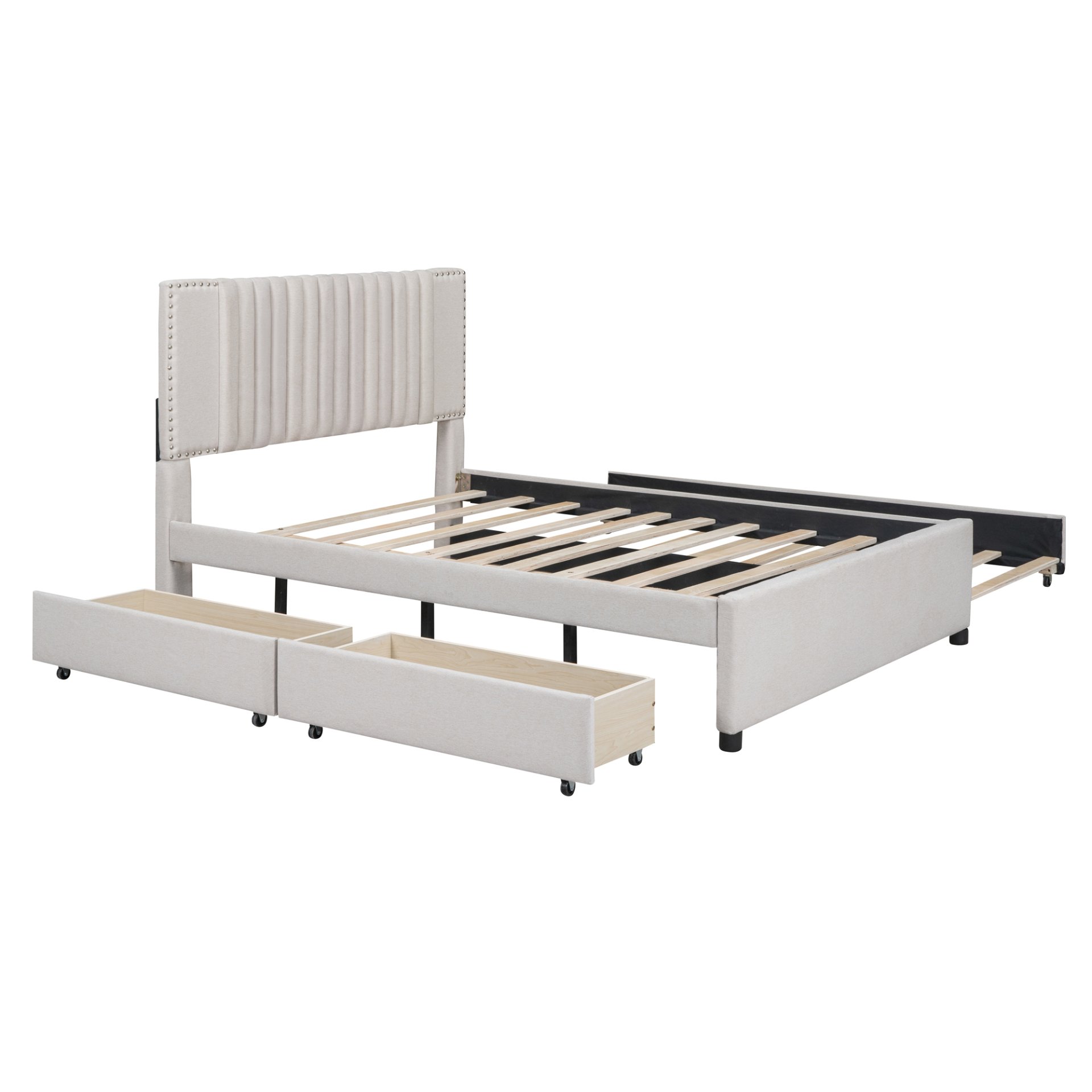 Full Size Upholstered Platform Bed With 2 Drawers And 1 Twin Size Trundle, Classic Headboard Design - Beige - Image 5