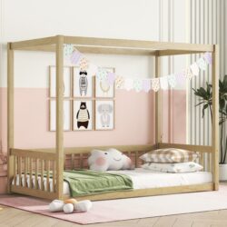 Twin Size Canopy Frame Floor Bed With Fence, Guardrails - Natural
