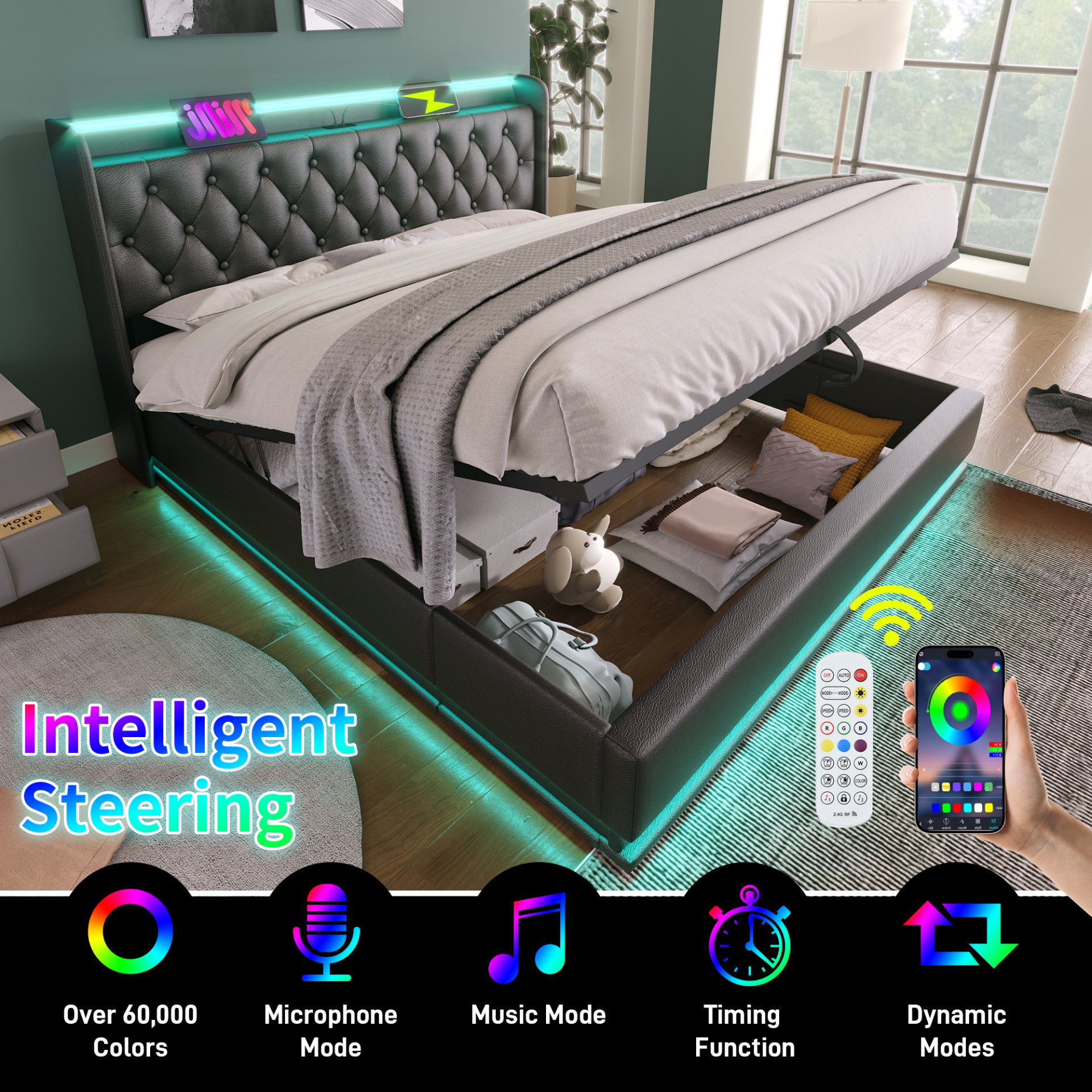 King Size Upholstered Bed, 360 Surround LED Function, Buttons / Apps / Remote Control, Hydraulic Storage Bed With USB Type-C Charging (Without Mattress) - Black - Image 5