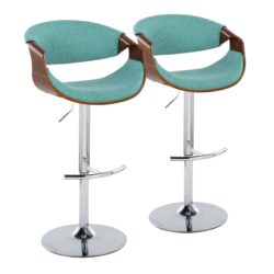 Curvo - Mid-Century Modern Adjustable Barstool With Swivel With Rounded T Footrest (Set of 2) - Chrome / Walnut / Teal