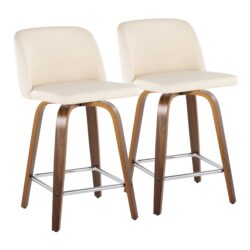 Toriano - Mid-Century Modern Fixed Height Counter Stool & Swivel And Square Footrest (Set of 2) - Walnut / Cream