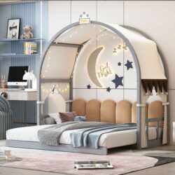 Twin Size Extended Bed With Arched Roof And Trundle - Gray