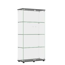 Modern Glass Display Cabinet With 4 Shelf Double Doors And Lock, Tempered Glass Bookshelf For Living Room - Black