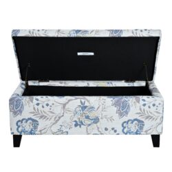 Luxury Storage Ottoman With Floral Patterned Fabric, Soft Close Hinges, Functional Footrest & Seat - Blue Flower / Blue Multi