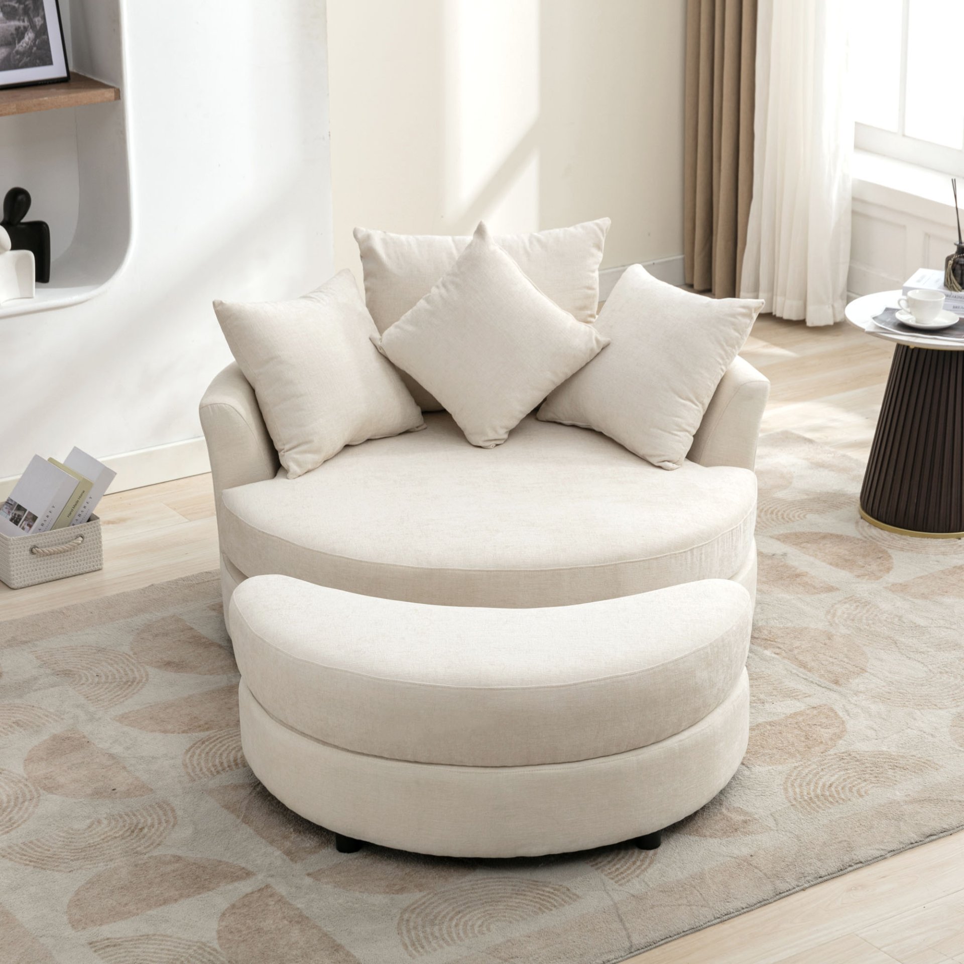 360° Swivel Accent Barrel Chair With Storage Ottoman & 4 Pillows, Modern Chenille Leisure Chair Round Accent For Living Room - Cream - Image 21