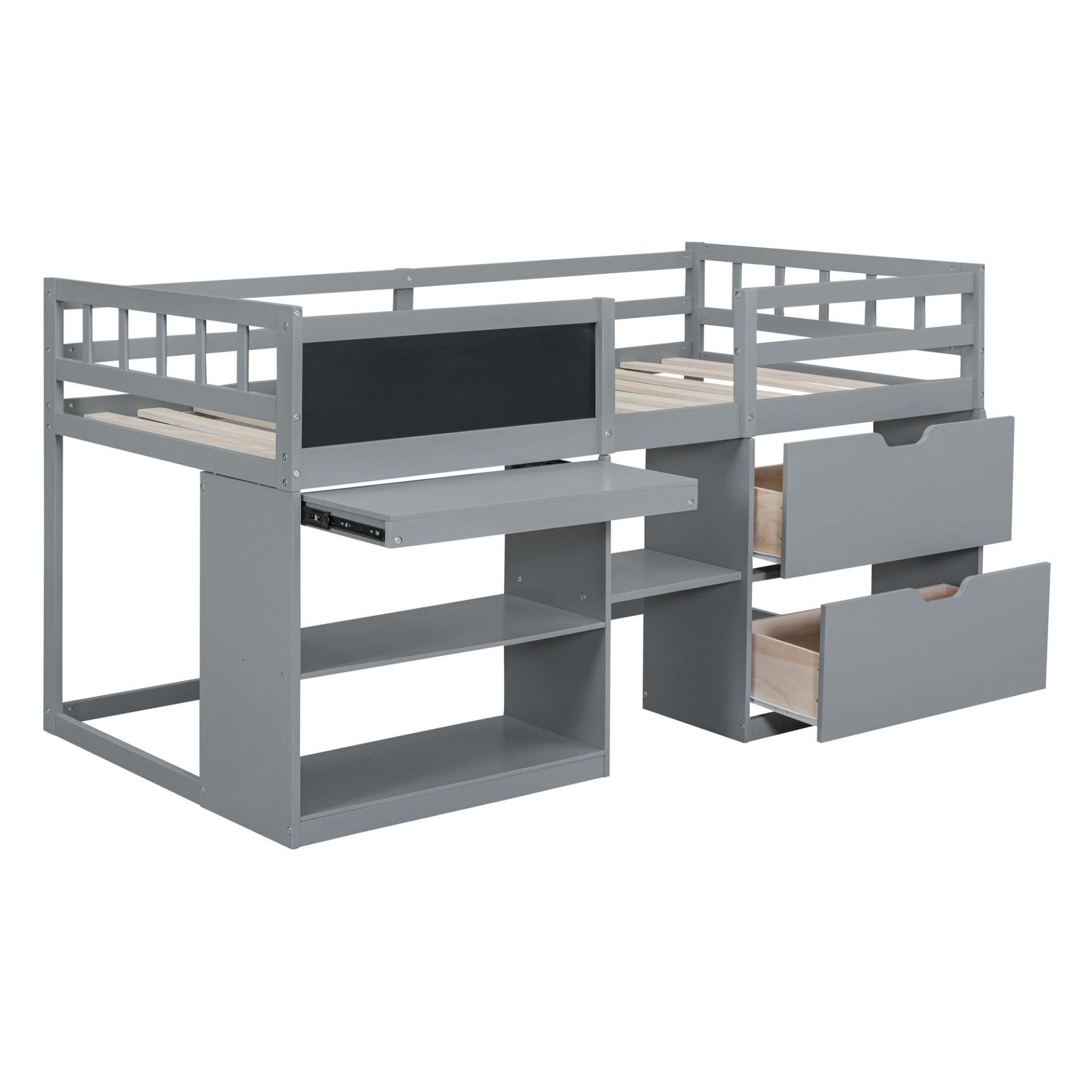 Twin Size Low Loft Bed With Rolling Desk, Shelf And Drawers - Gray - Image 9