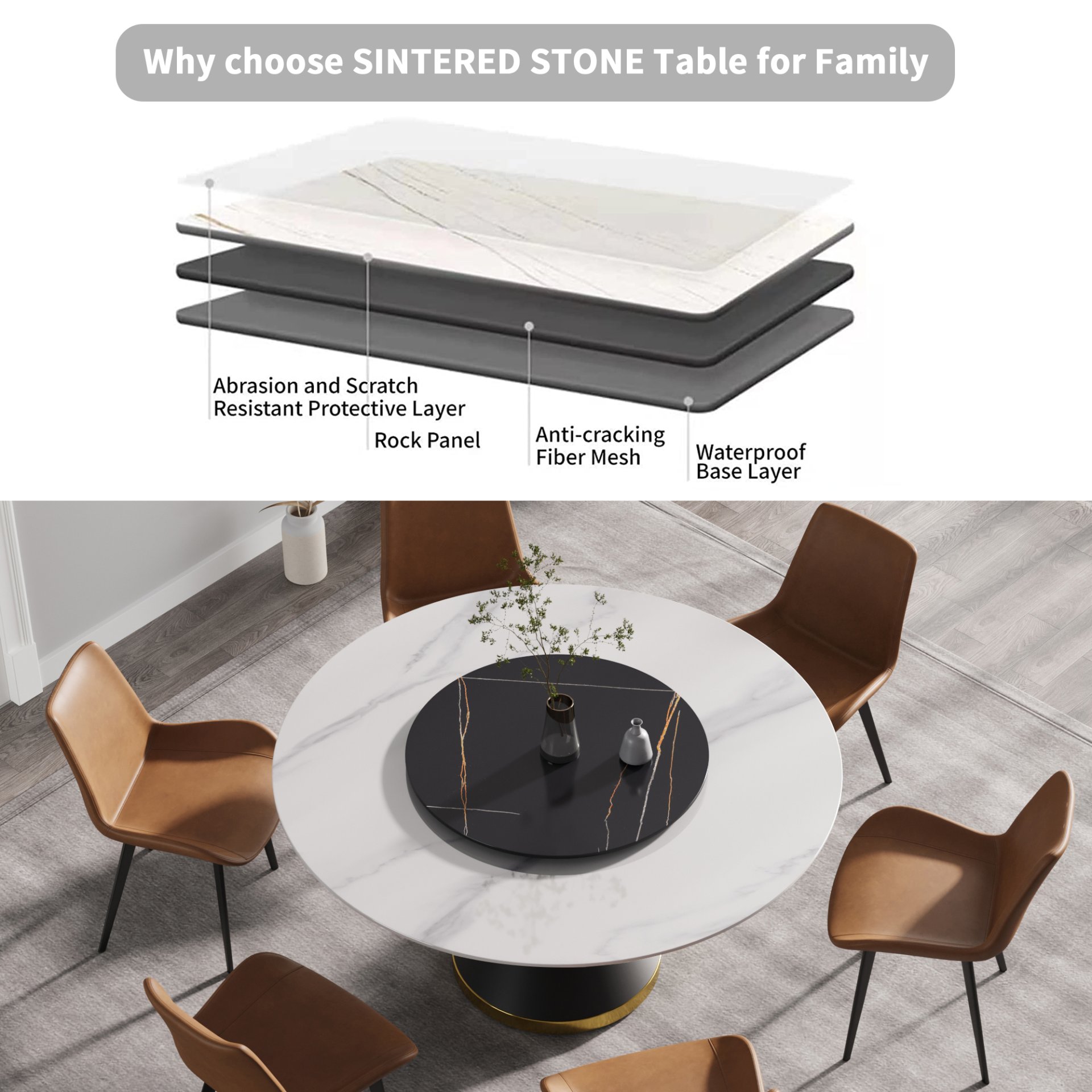 59.05" Modern Artificial Stone Round Carbon Steel Base Dining Table, Black Artificial Stone Turntable - White / Black - Image 7