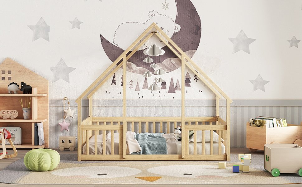 Full Wood House-Shaped Floor Bed With Fence, Guardrails - Natural - Image 8