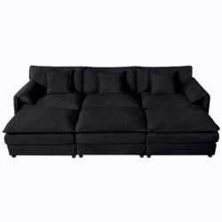 Oversized Deep Seat Sectional Cloud Sofa Sleeper With 3 Ottomans & Soft Pillows, Modular Couch Bed - Black