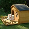 Wooden Dog House Outdoor With Porch, Dog Kennel With Water Resistant Asphalt Roof And Fencing, Indoor & Outdoor Dog Crate With Paw Print, Medium - Nature - Image 4