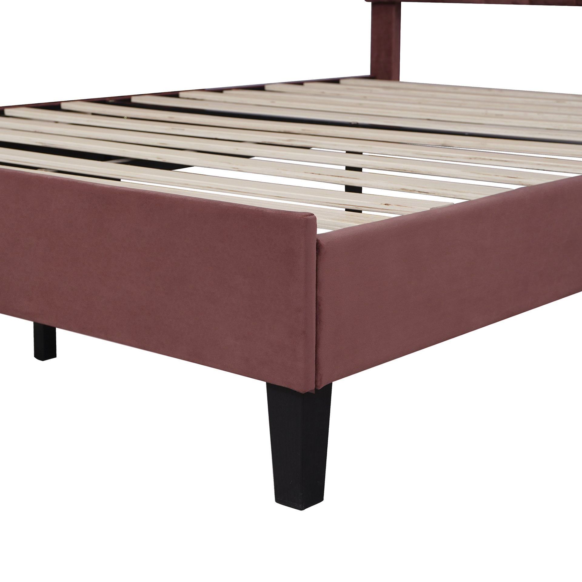 Queen Size Upholstered Platform Bed With Flower Pattern Headboard - Bean Paste Red - Image 6