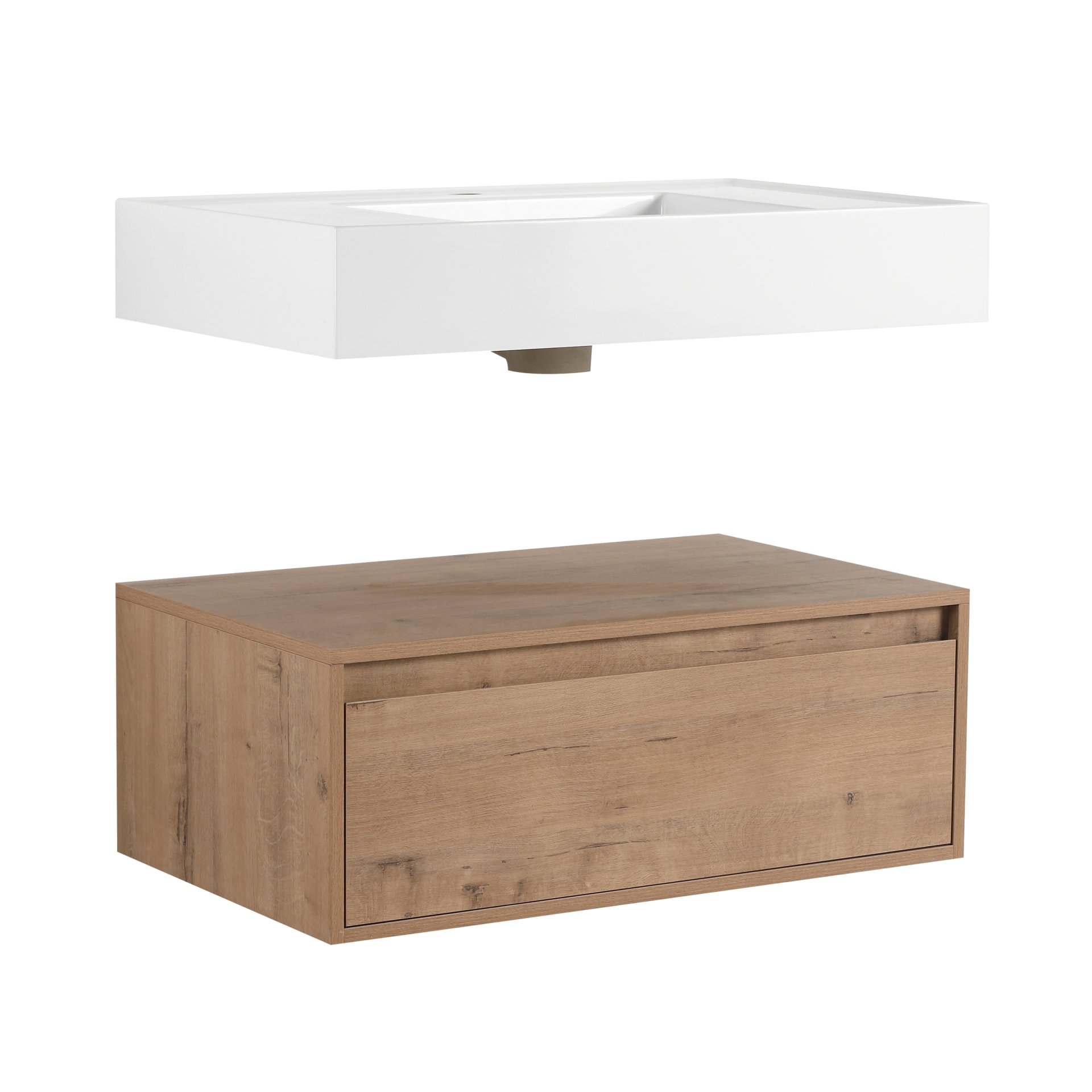 Modern Wall Mounted 30 Inch Bathroom Vanity With Resin Sink And 2 Side Cabinet In Imitative - Imitative Oak - Image 11